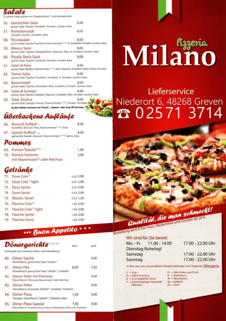 Pizzeria Milano's Greven Salate, Aufläufe, Pommes, Getränke und Döner